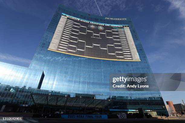 Exterior picture of the JW Marriott Hotel which has the entire bracket of the NCAA Men's Basketball Tournament hanging on its building on April 03,...