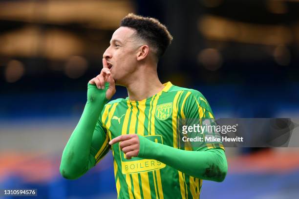 Callum Robinson of West Bromwich Albion celebrates after scoring their side's fifth goal during the Premier League match between Chelsea and West...