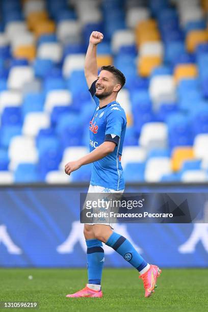 Dries Mertens of SSC Napoli celebrates after scoring their side's third goal during the Serie A match between SSC Napoli and FC Crotone at Stadio...