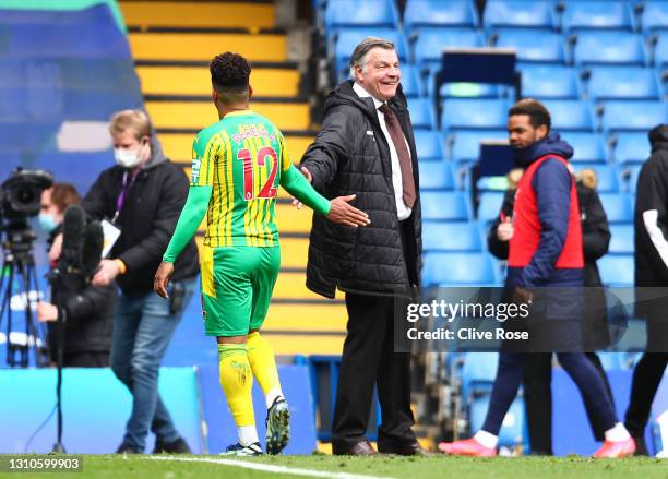 Matheus Pereira of West Bromwich Albion and Sam Allardyce, Manager of West Bromwich Albion interact following the Premier League match between...