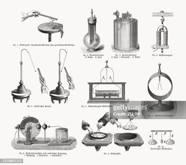 early representations of electricity, wood engravings, published in 1893 - physics illustration stock illustrations