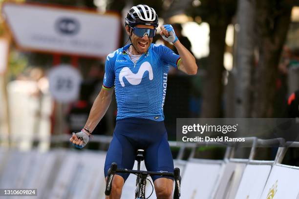 Arrival / Alejandro Valverde Belmonte of Spain and Movistar Team Celebration, during the 12th Gran Premio Miguel Indurain 2021 a 203,2km race from...