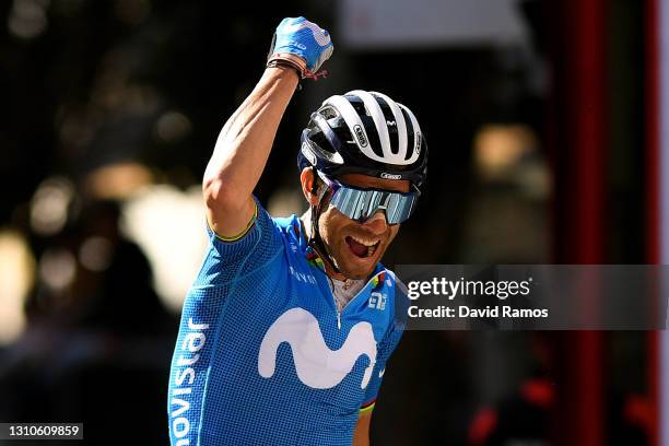 Arrival / Alejandro Valverde Belmonte of Spain and Movistar Team Celebration, during the 12th Gran Premio Miguel Indurain 2021 a 203,2km race from...