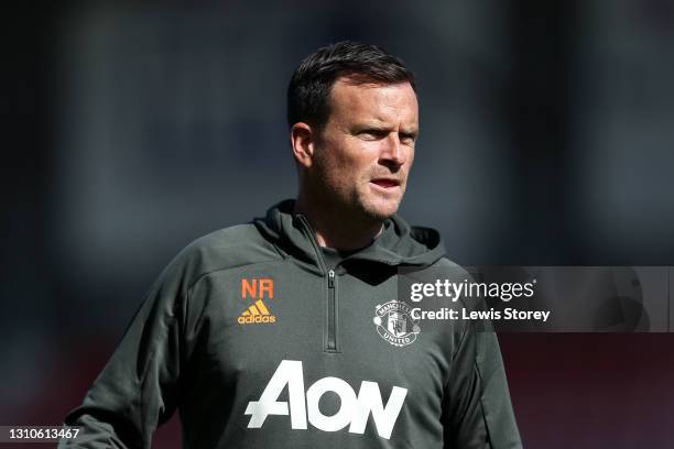 Neil Ryan, Manager of Manchester United looks on prior to the FA Youth Cup Fourth round match between Manchester United and Liverpool at Leigh Sports...