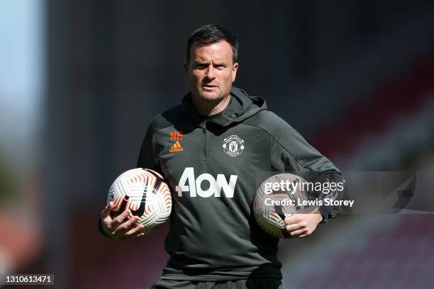 Neil Ryan, Manager of Manchester United looks on prior to the FA Youth Cup Fourth round match between Manchester United and Liverpool at Leigh Sports...