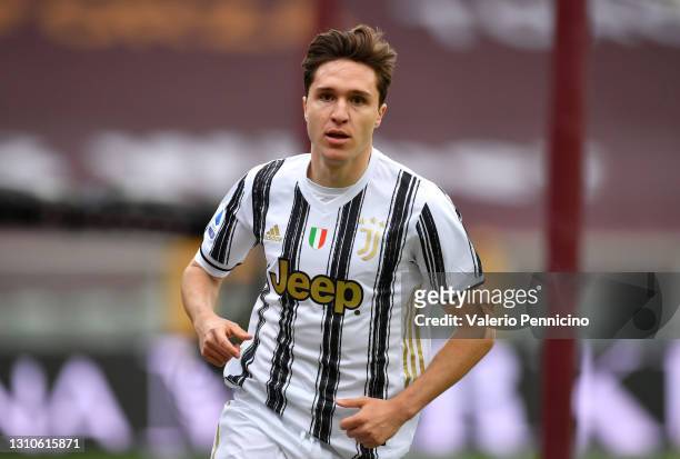 Federico Chiesa of Juventus celebrates after scoring their side's first goal during the Serie A match between Torino FC and Juventus at Stadio...