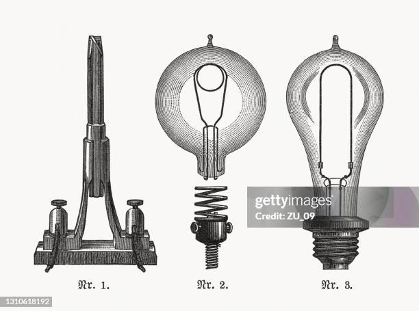 ilustrações de stock, clip art, desenhos animados e ícones de first elektric lamps, wood engravings, published in 1893 - fisica