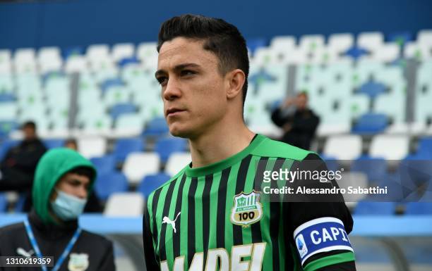Giacomo Raspadori of US Sassuolo looks on during the Serie A match between US Sassuolo and AS Roma at Mapei Stadium - Città del Tricolore on April...