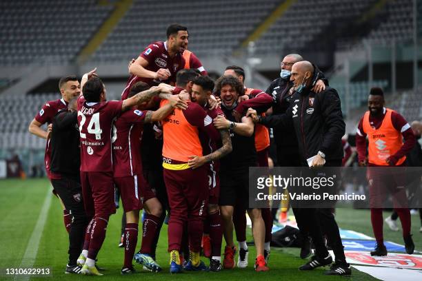 Antonio Sanabria of Torino F.C. Celebrates with teammates after scoring their team's second goal during the Serie A match between Torino FC and...