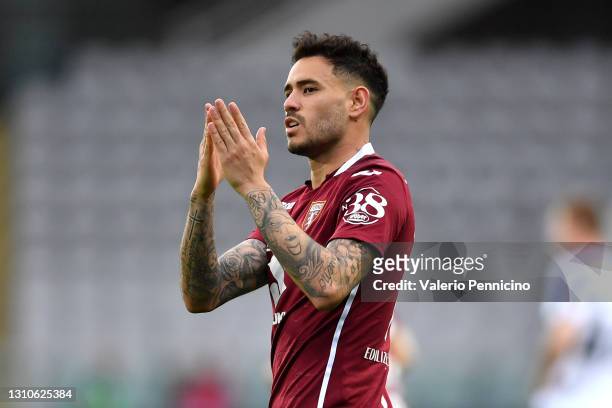 Antonio Sanabria of Torino F.C. Celebrates after scoring their team's second goal during the Serie A match between Torino FC and Juventus at Stadio...