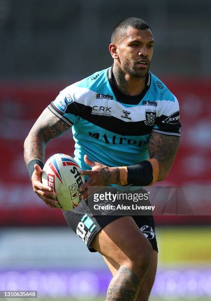 Manu Ma'u of Hull FC runs with the ball during the Betfred Super League match between Salford Red Devils and Hull FC at Totally Wicked Stadium on...