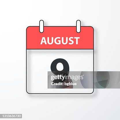 Aug 09 August 9 Daily Calendar Black Outline With Shadow On White Background ...