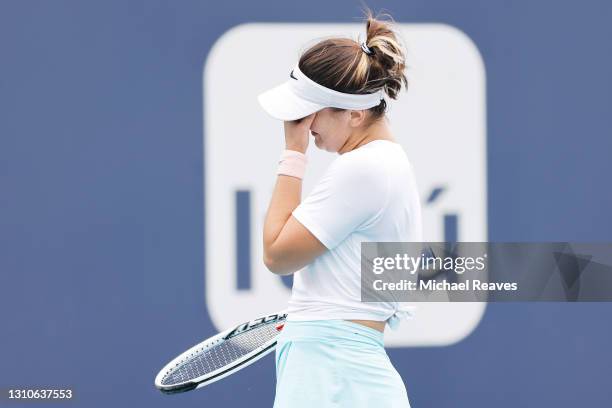 Bianca Andreescu of Canada reacts against Ashleigh Barty of Australia during the final of the Miami Open at Hard Rock Stadium on April 03, 2021 in...