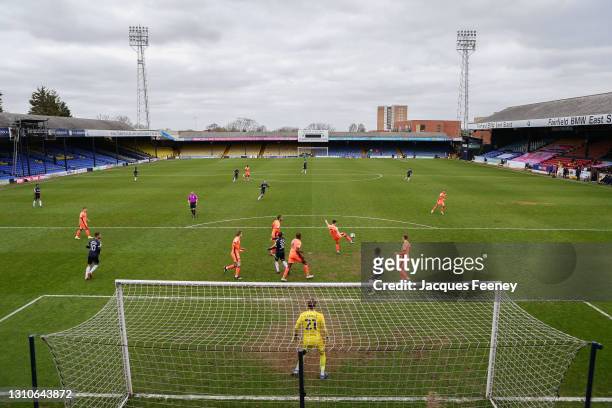 General view of play as Joe Riley of Carlisle United clears the ball out of the box during the Sky Bet League Two match between Southend United and...