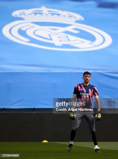 Diego Altube of Real Madrid warms up prior to the La Liga Santander match between Real Madrid and SD Eibar at Estadio Alfredo Di Stefano on April 03,...