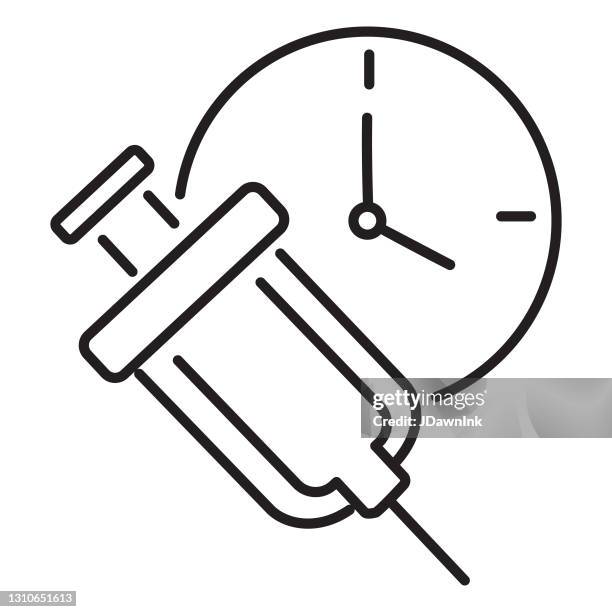 covid-19 flu virus vaccination time thin line icon - editable stroke - medication timing stock illustrations