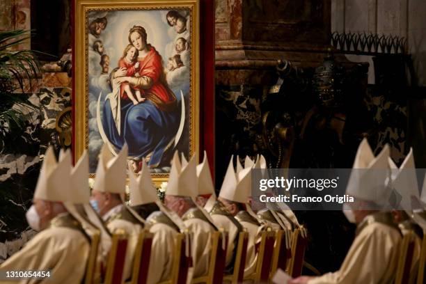 Concelebrants cardinals attend the Easter Vigil Mass at St. Peter's Basilica presided by Pope Francis on April 03, 2021 in Vatican City, Vatican....