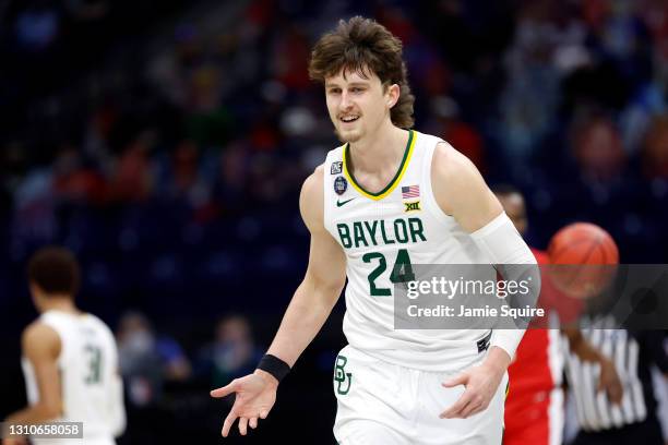 Matthew Mayer of the Baylor Bears reacts in the second half against the Houston Cougars during the 2021 NCAA Final Four semifinal at Lucas Oil...