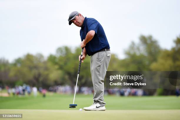 Kevin Stadler putts on the fourth g during the third round of Valero Texas Open at TPC San Antonio Oaks Course on April 03, 2021 in San Antonio,...