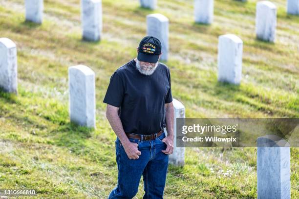 usa vietnam war veteran in military cemetery reading tombstone inscriptions - vietnam war photos stock pictures, royalty-free photos & images