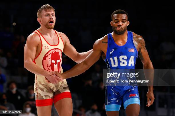 Jordan Burroughs reacts after being beat by Kyle Dake in their Freestyle 74kg finals match on day 2 of the U.S. Olympic Wrestling Team Trials at...