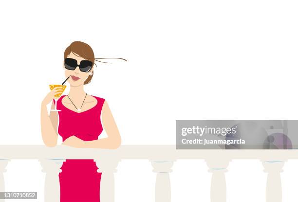 beautiful girl drinking cocktail. - women of penthouse stock illustrations