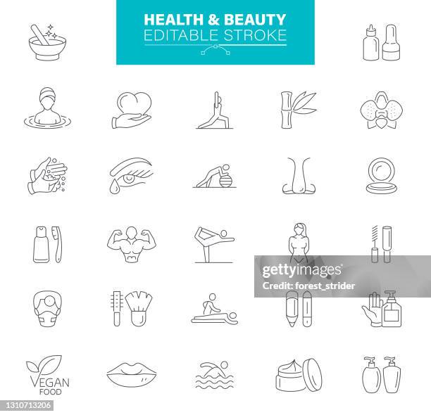 stockillustraties, clipart, cartoons en iconen met gezondheids- en schoonheidspictogrammen bewerkbare slag. bevat pictogrammen zoals cosmetica, make-up, shampoo, kapsalon, lichaamsverzorging, hygiëne, spa - kapsalon