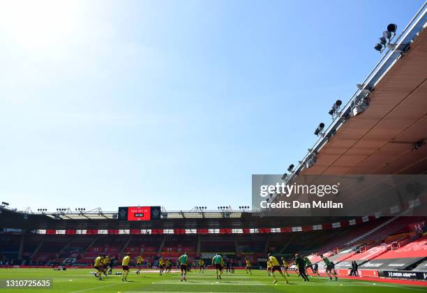 General view inside the stadium as players warm up prior to the Premier League match between Southampton and Burnley at St Mary's Stadium on April...