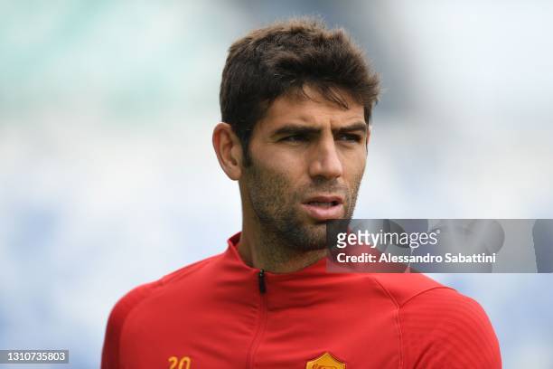 Federico Fazio of AS Roma looks on during the Serie A match between US Sassuolo and AS Roma at Mapei Stadium - Città del Tricolore on April 03, 2021...