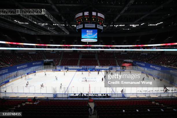 General view shows the ice rink at the Wukesong Sports Centre in Beijing at the ice hockey test event for the Beijing 2022 Winter Olympics on April...