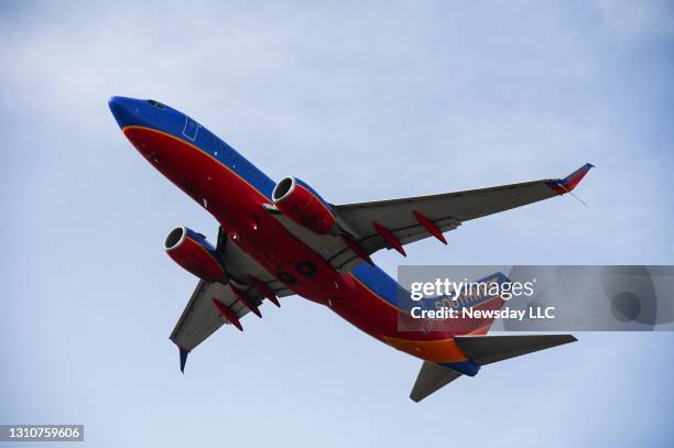 Southwest Airlines flight takes off at Long Island MacArthur Airport in Ronkonkoma, New York on March 25, 2021.