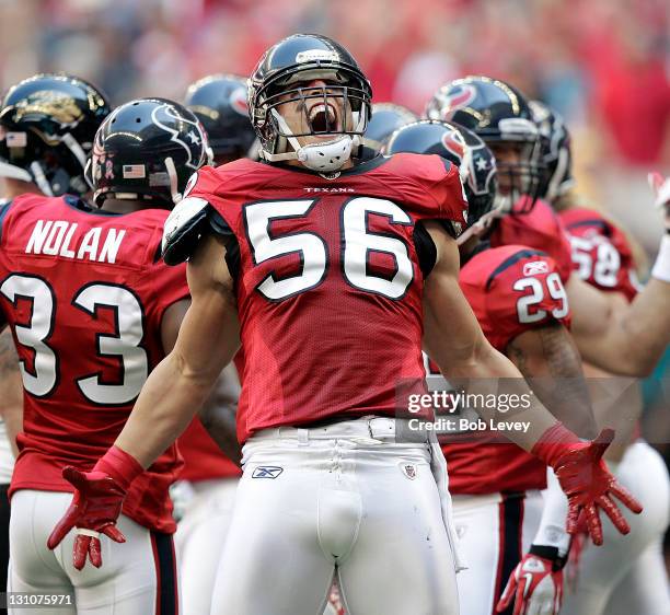 Linebacker Brian Cushing of the Houston Texans lets out a roar after making a defensive stop against the Jacksonville Jaguars at Reliant Stadium on...