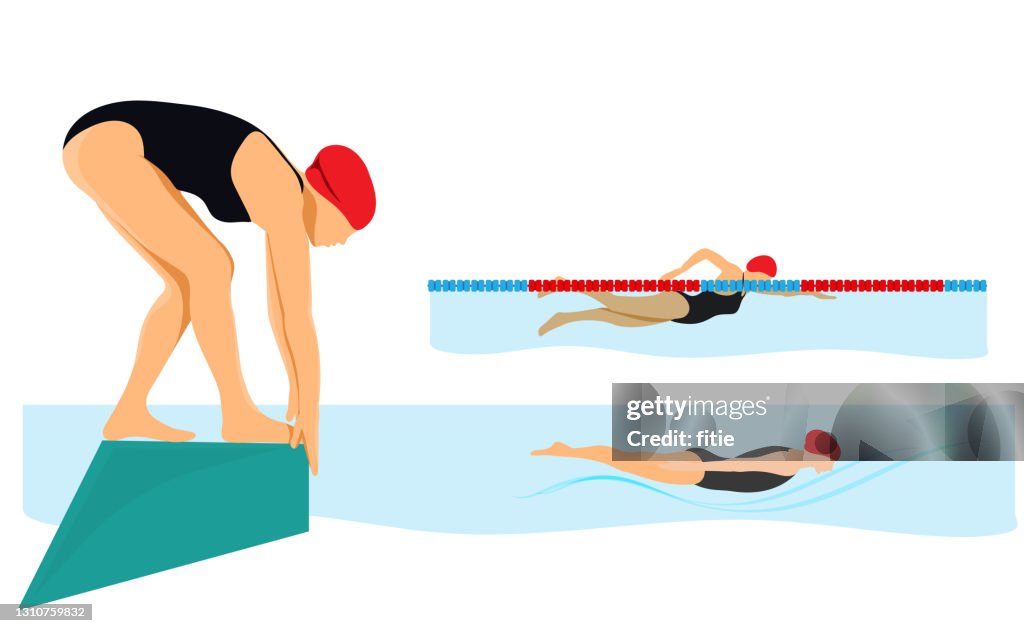 Schwimmen im Pool mit verschiedenen Stilen. Bereit, ins Wasser zu springen.