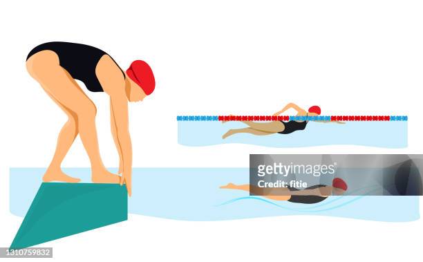 ilustraciones, im ágenes clip art, dibujos animados e iconos de stock de natación en la piscina con diferentes estilos. listo para saltar al agua. - natación