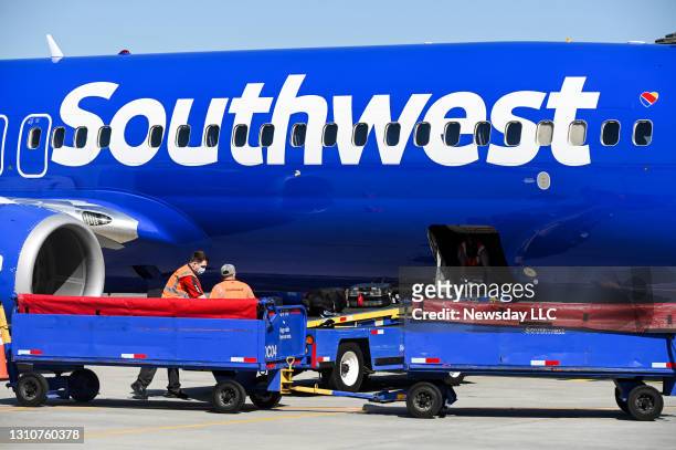 Ronkonkoma, N.Y. A Southwest Airlines flight logo is seen as the plane taxis to a gate at Long Island MacArthur Airport in Ronkonkoma, New York on...