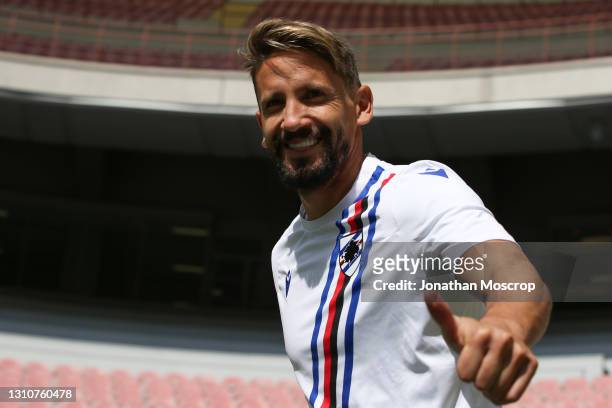 Gaston Ramirez of UC Sampdoria enters the field of play for the warm up prior to the Serie A match between AC Milan and UC Sampdoria at Stadio...