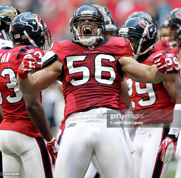 Linebacker Brian Cushing of the Houston Texans lets out a roar after making a defensive stop against the Jacksonville Jaguars at Reliant Stadium on...