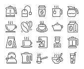 Set of Coffee and Tea Line Icons. Vector Illustration. Editable Stroke, 64x64 Pixel Perfect.