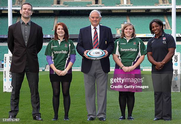 Joe Worsley, Lucy Fleming, RFU President Willie Wildash, Heather Anning and Maggie Alphonsi pose during a photocall to launch the QBE Presidents XV...