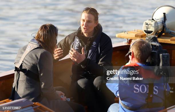 Sarah Winckless, Boat Race Umpire is interviewed by Katherine Grainger during The Gemini Boat Race on April 04, 2021 in Ely, England. Due to current...