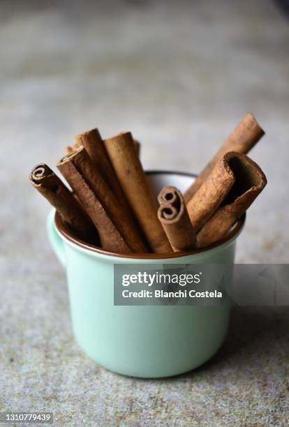 cinnamon sticks in a vintage mug - cinnamon imagens e fotografias de stock