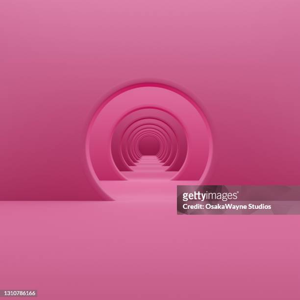 3d illustration of path through several round doors. pink theme of long corridor. - tür stock-fotos und bilder