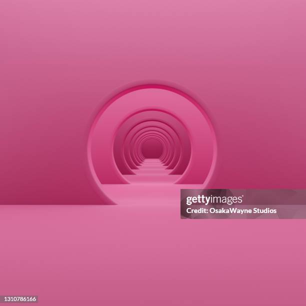 3d illustration of path through several round doors. pink theme of long corridor. - pasillo objeto fabricado fotografías e imágenes de stock