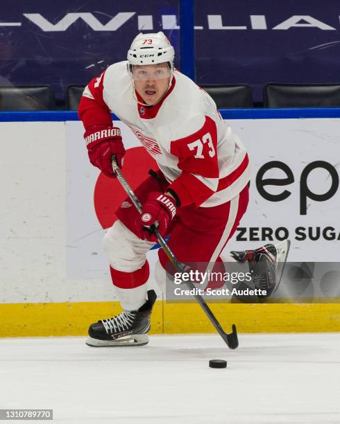 Adam Erne of the Detroit Red Wings during the second period at Amalie Arena on April 4, 2021 in Tampa, Florida.