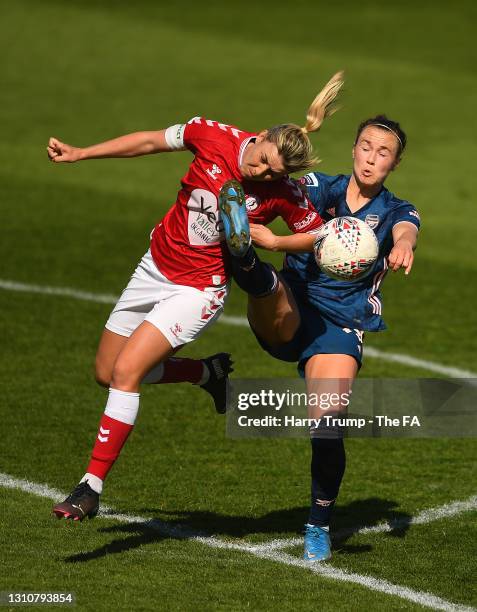 Gemma Evans of Bristol City and Caitlin Foord of Arsenal battle for possession during the Barclays FA Women's Super League match between Bristol City...