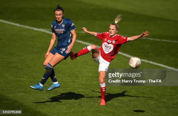Caitlin Foord of Arsenal battles for possession with Faye Bryson of Bristol City during the Barclays FA Women's Super League match between Bristol...