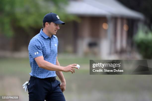 Jordan Spieth reacts to his putt on the third green during the final round of Valero Texas Open at TPC San Antonio Oaks Course on April 04, 2021 in...