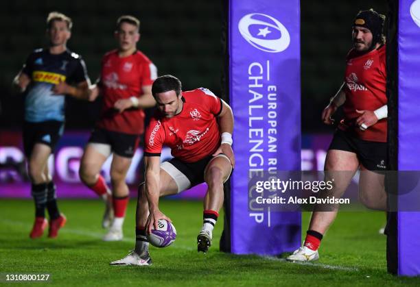 Alby Mathewson of Ulster scores his side's eighth try during the European Rugby Challenge Cup Round of 16 match between Harlequins and Ulster Rugby...