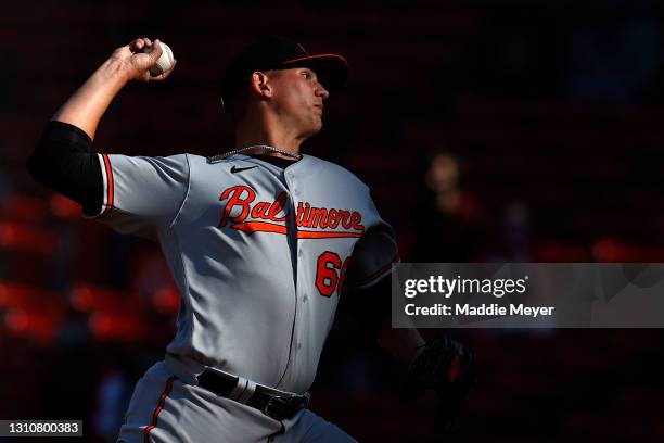 Tyler Wells of the Baltimore Orioles pitches against the Boston Red Sox during the ninth inning at Fenway Park on April 04, 2021 in Boston,...