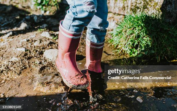 child wearing pink wellies and wading through a deep muddy puddle - dirty feet stock-fotos und bilder